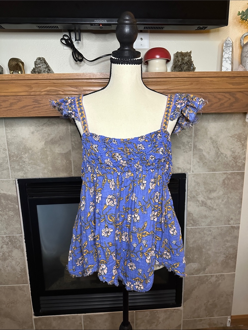 Free People Blue & Yellow Floral Smocked Cami with Flutter Straps Women’s Size S